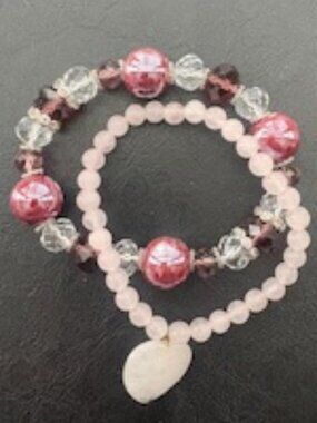 Set of two elastic bracelets-Burgundy & clear stones-Pink beads
